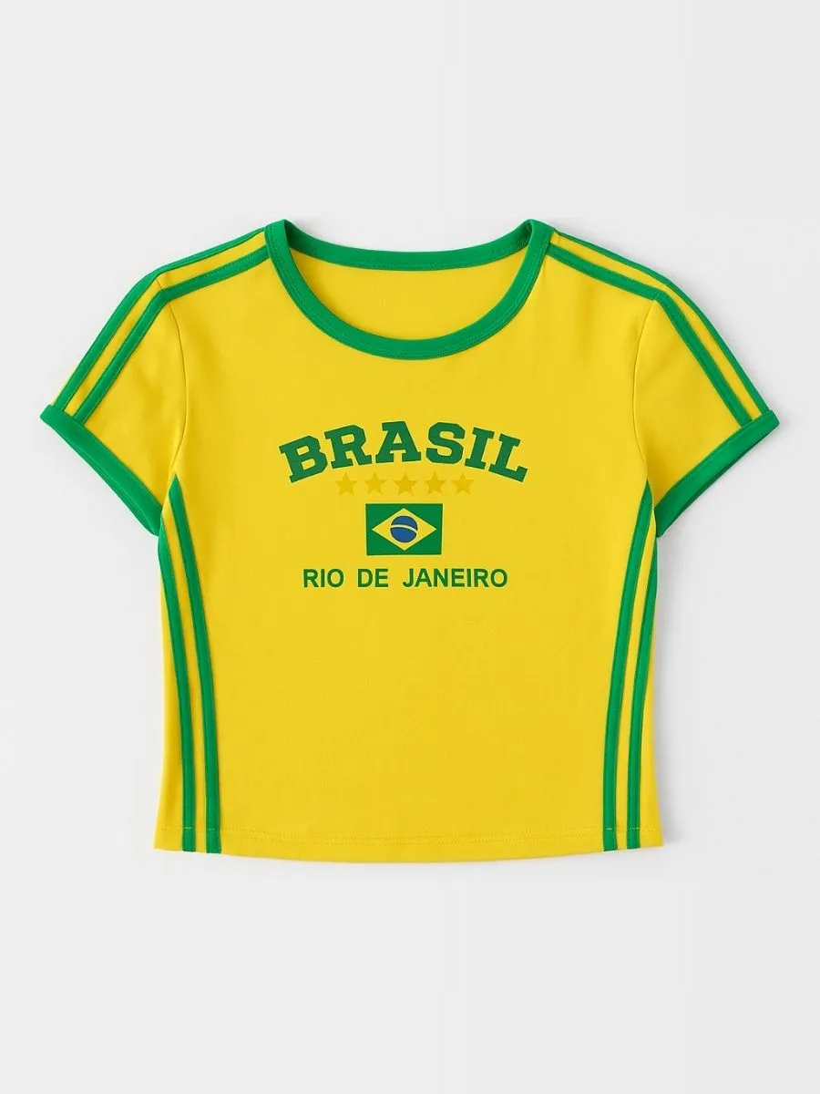 Yellow-Green brazil crop top for women featuring contrast trim, graphic print, fitted short sleeves, casual sporty aesthetic.