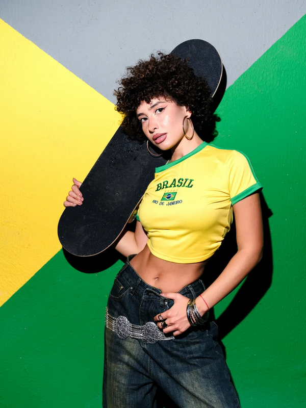 Yellow-Green brazil crop top for women featuring contrast trim, graphic print, fitted short sleeves, casual sporty aesthetic.