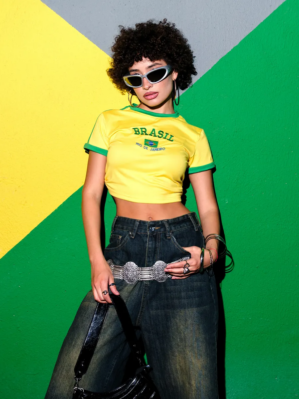 Yellow-Green brazil crop top for women featuring contrast trim, graphic print, fitted short sleeves, casual sporty aesthetic.