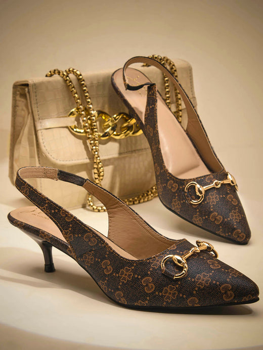 Kitten heels for women brown pointed toe slingback with gold buckle and monogram print