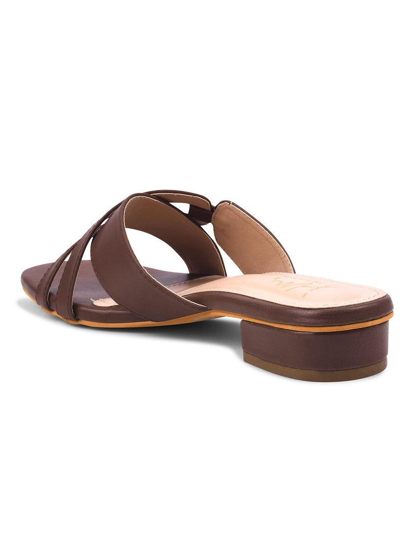 Women Brown Comfort Interlaced Strap flat Block Heel Criss-Cross Slide Sandals