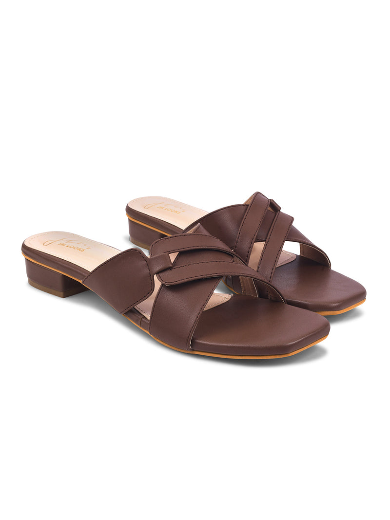 Women Brown Comfort Interlaced Strap flat Block Heel Criss-Cross Slide Sandals