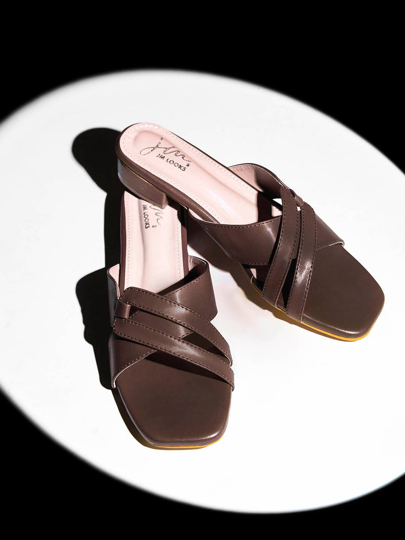 Women Brown Comfort Interlaced Strap flat Block Heel Criss-Cross Slide Sandals