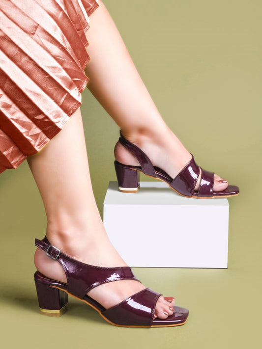 CHERRY Women glossy slingback open toe block heel sandals with ankle strap