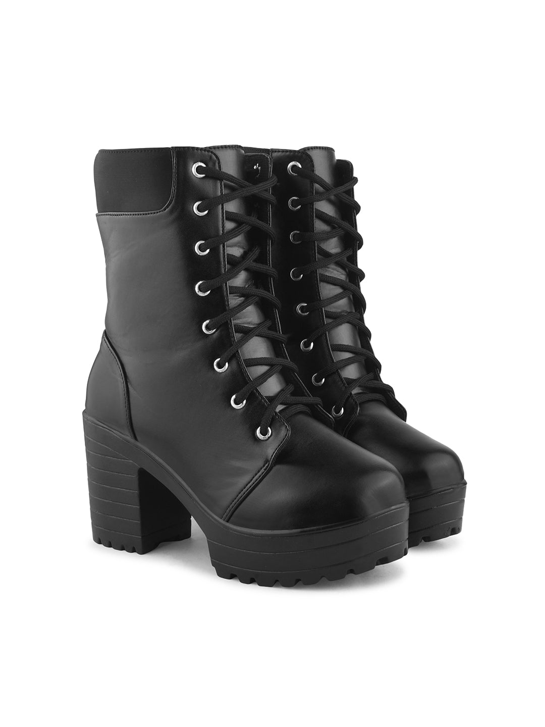 High Block Heel Combat Boots with Lace Up Closure JM LOOKS