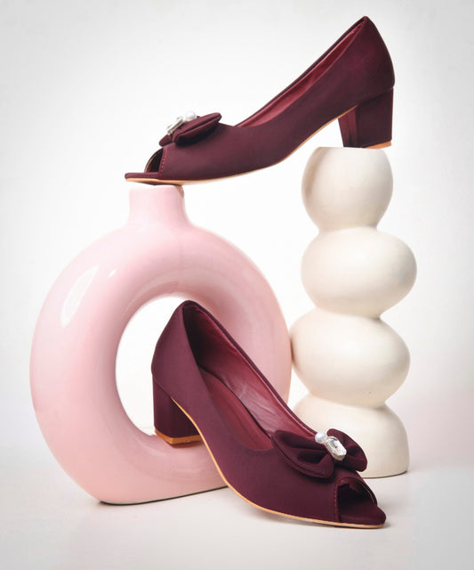 Cherry peep toe block heels with embellished bow detail, pearl and crystal accent, low heel