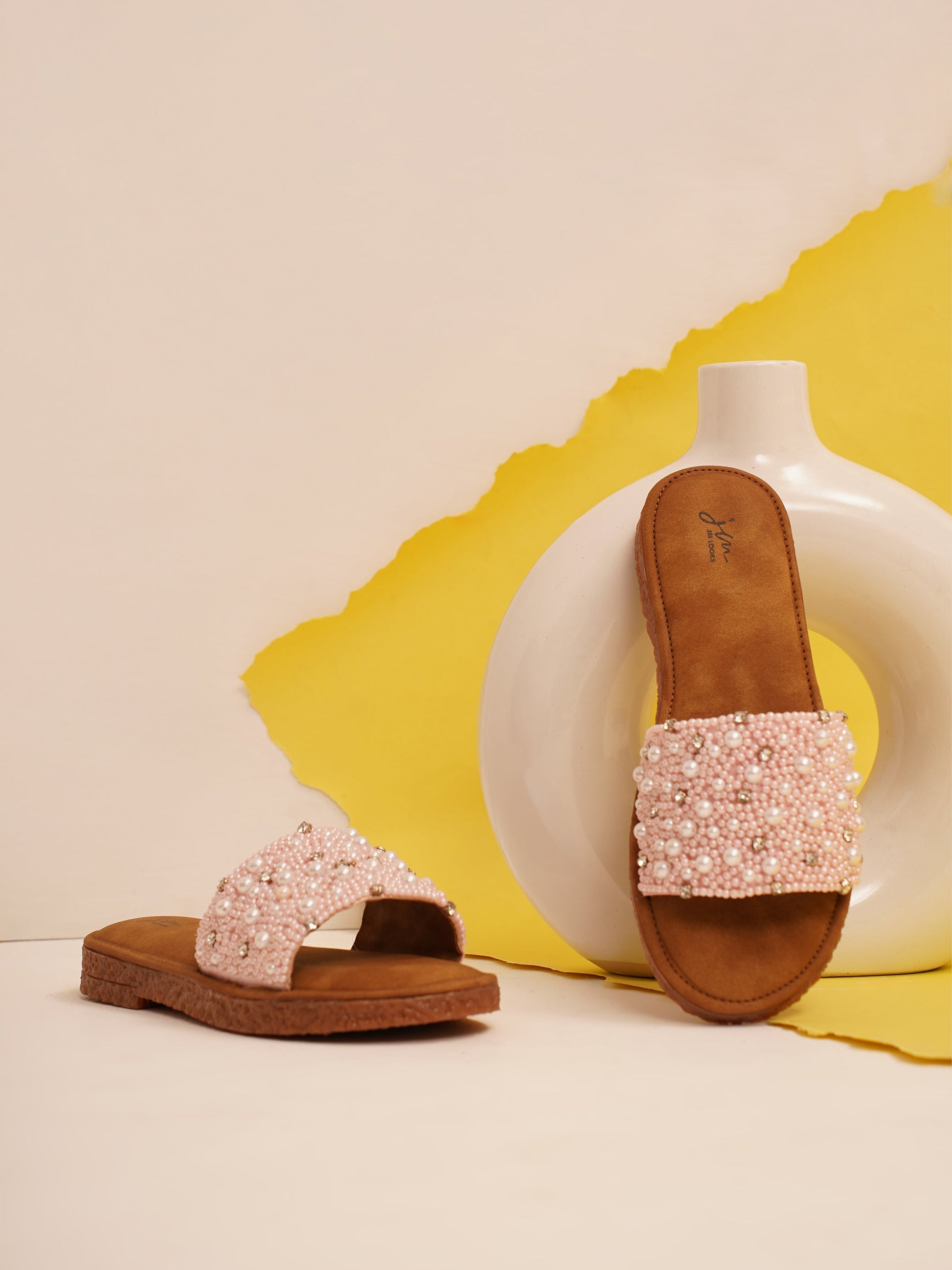 Jm Looks slide sandals with an embellished top strap Peach