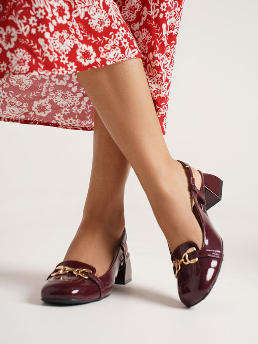 Cherry red gold chain slingback loafers block heel for women