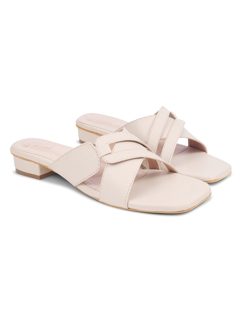 Women Cream Comfort Interlaced Strap flat Block Heel Criss-Cross Slide Sandals