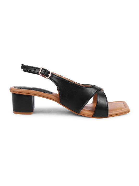 Women's black criss-cross block heel sandals with ankle strap and adjustable buckle