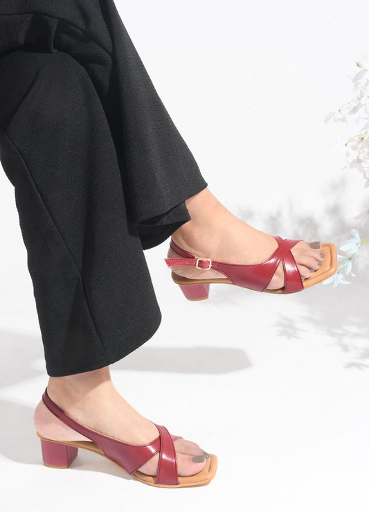 Women's red cherry criss-cross block heel sandals with ankle strap and adjustable buckle