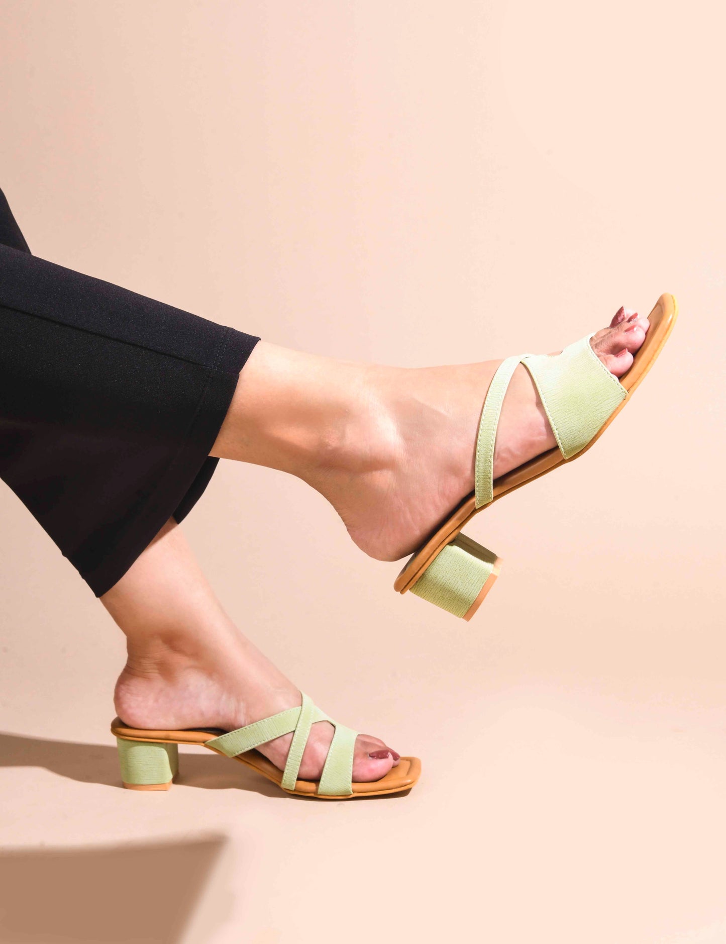 women's block heel slides with dual straps and a square toe
 Green