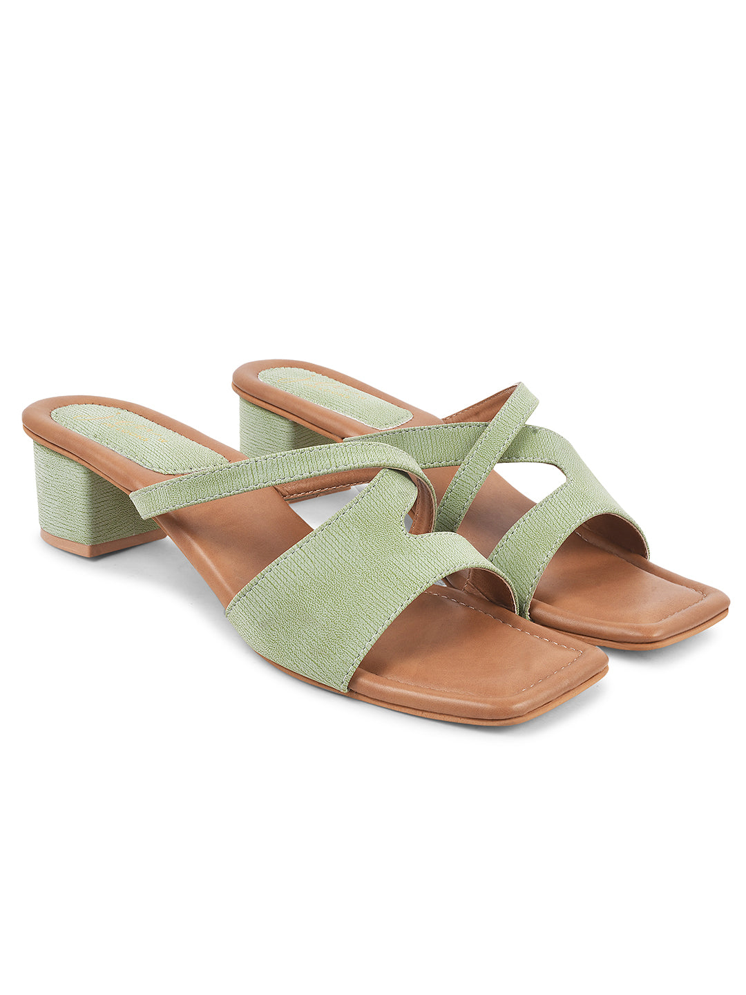 women's block heel slides with dual straps and a square toe
 Green