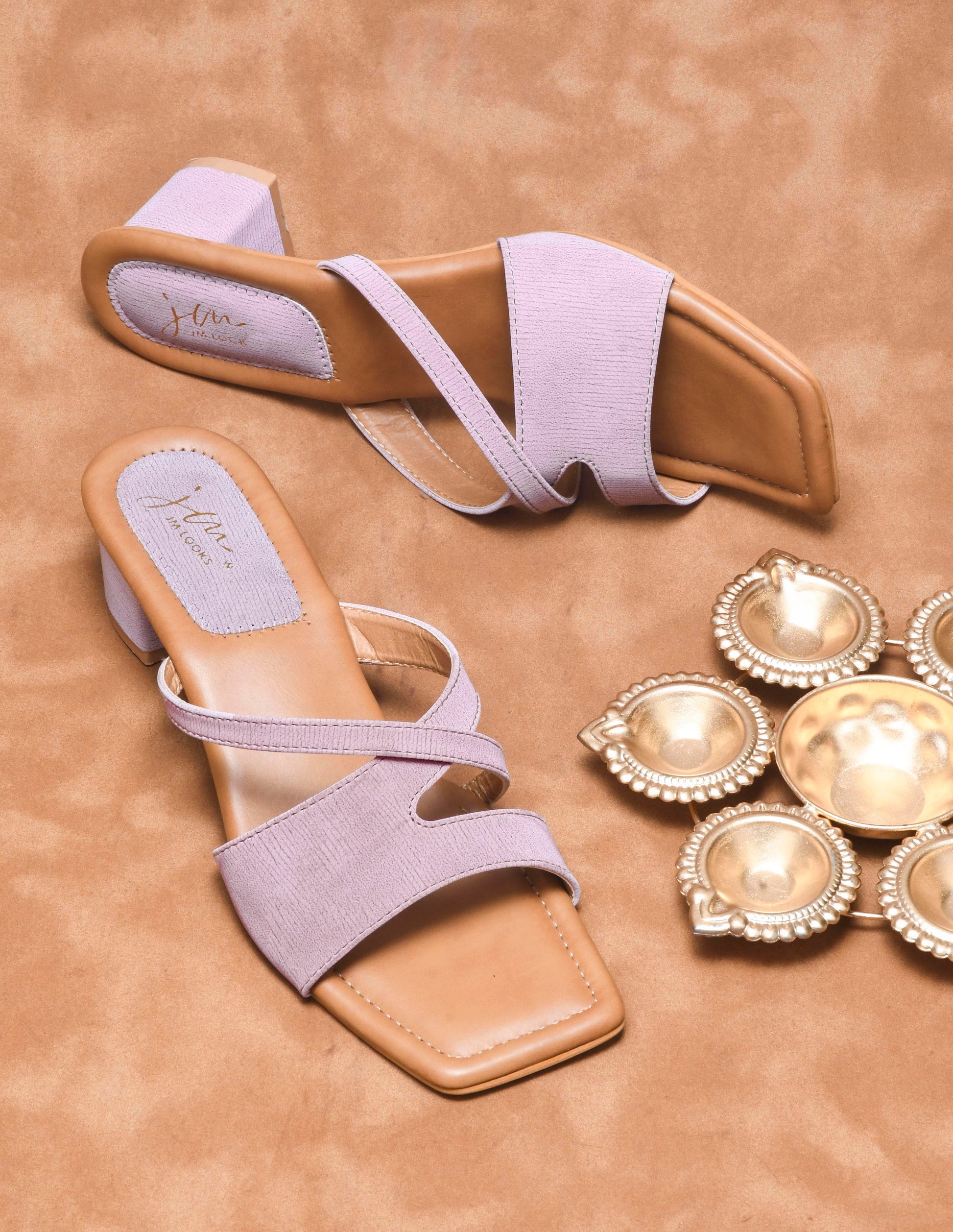 women's block heel slides with dual straps and a square toe
 Lavender