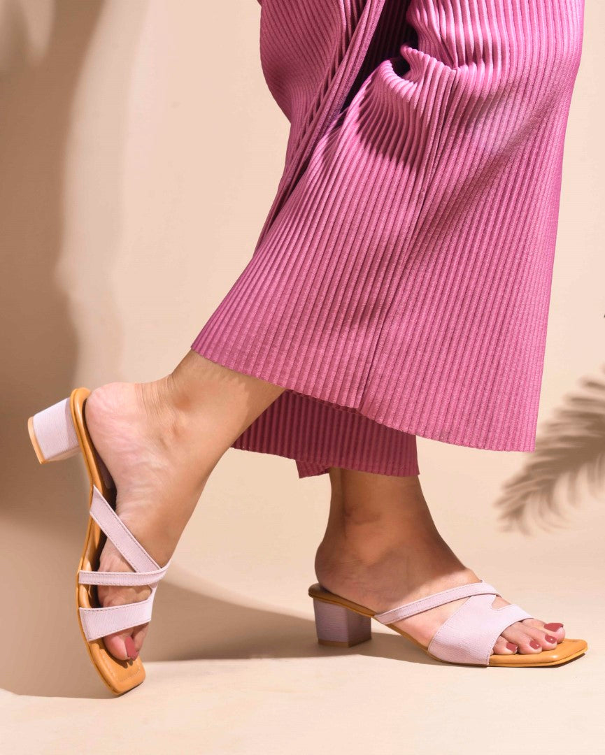 women's block heel slides with dual straps and a square toe
 Lavender