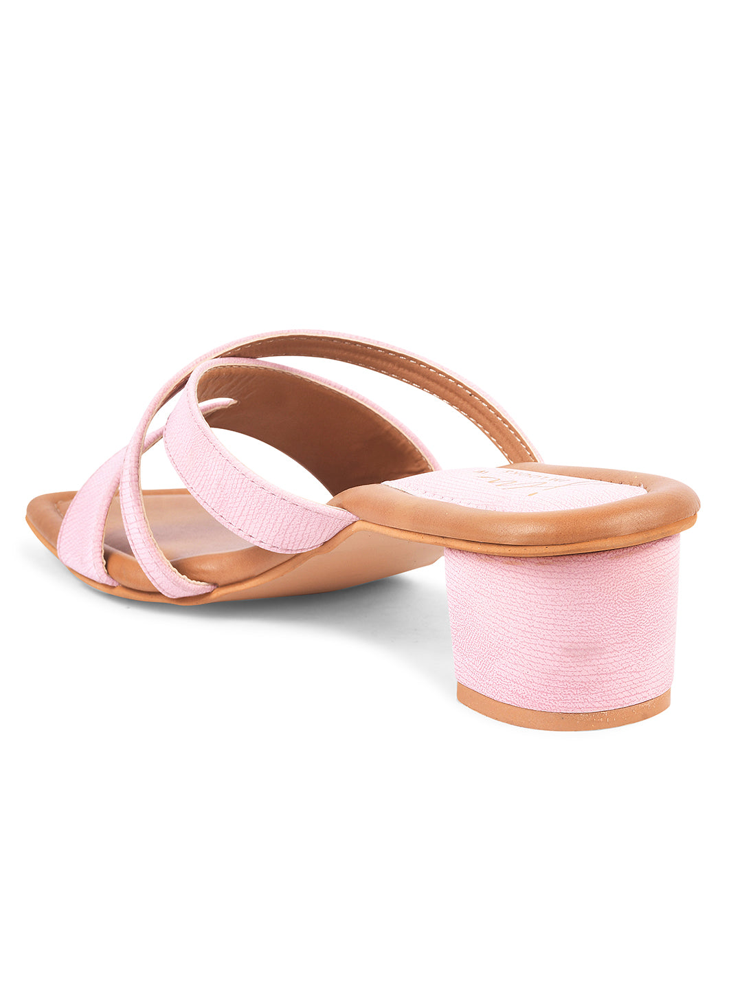 women's block heel slides with dual straps and a square toe
 Pink