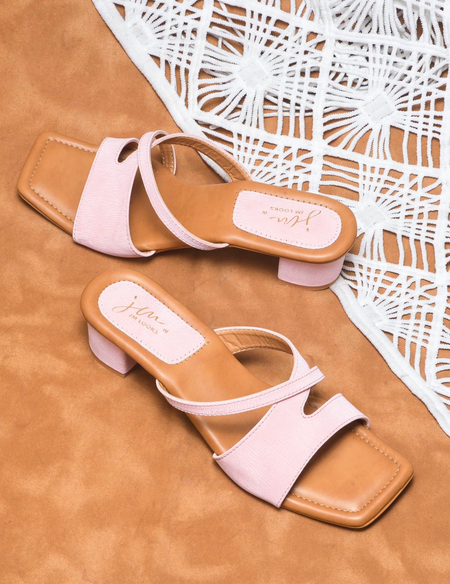 women's block heel slides with dual straps and a square toe
 Pink