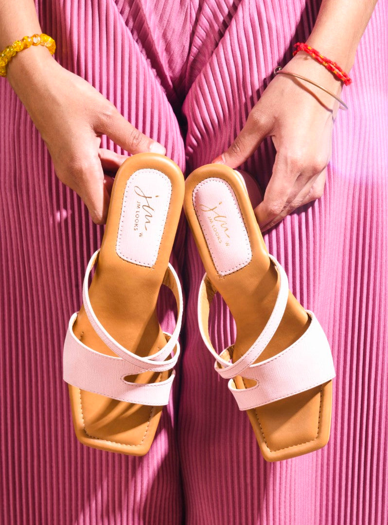women's block heel slides with dual straps and a square toe
 Pink