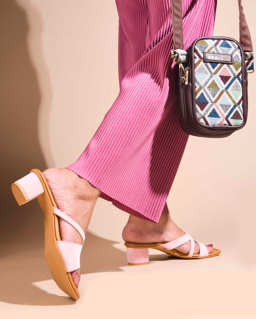 women's block heel slides with dual straps and a square toe
 Pink