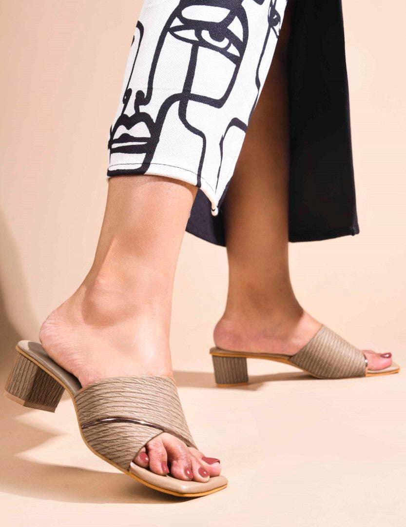 women's block heel slides with a textured wide strap and a subtle accent trim
 Beige