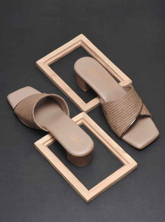 women's block heel slides with a textured wide strap and a subtle accent trim
 Beige