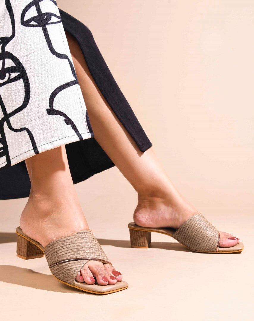women's block heel slides with a textured wide strap and a subtle accent trim
 Beige