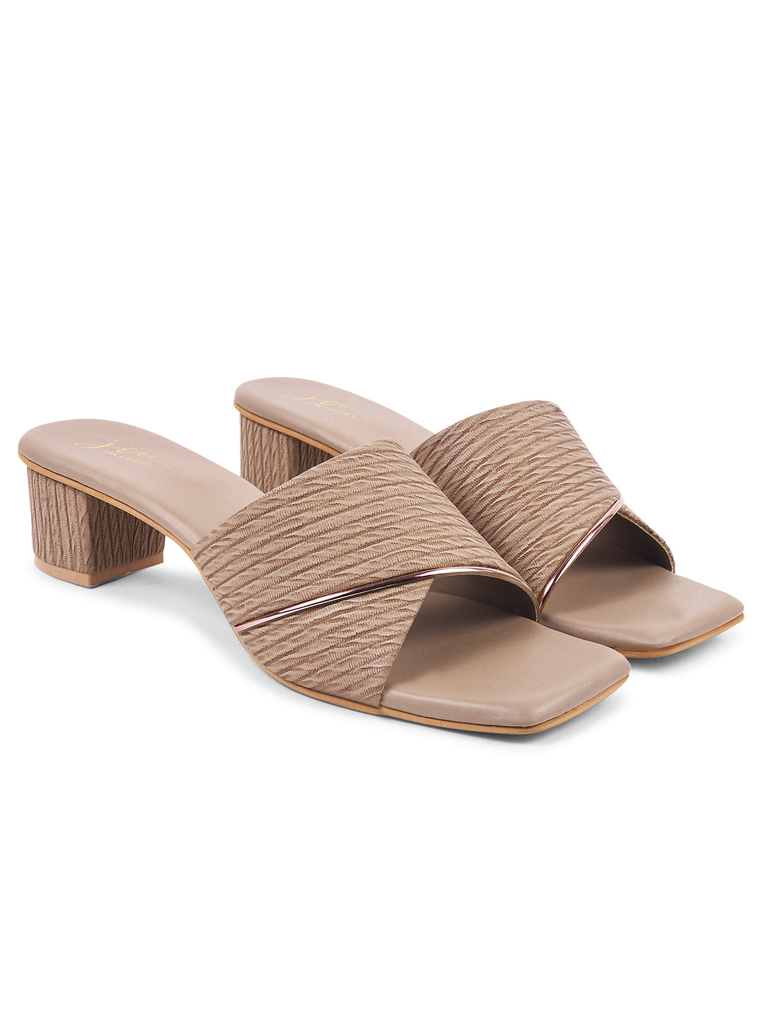 women's block heel slides with a textured wide strap and a subtle accent trim
 Beige