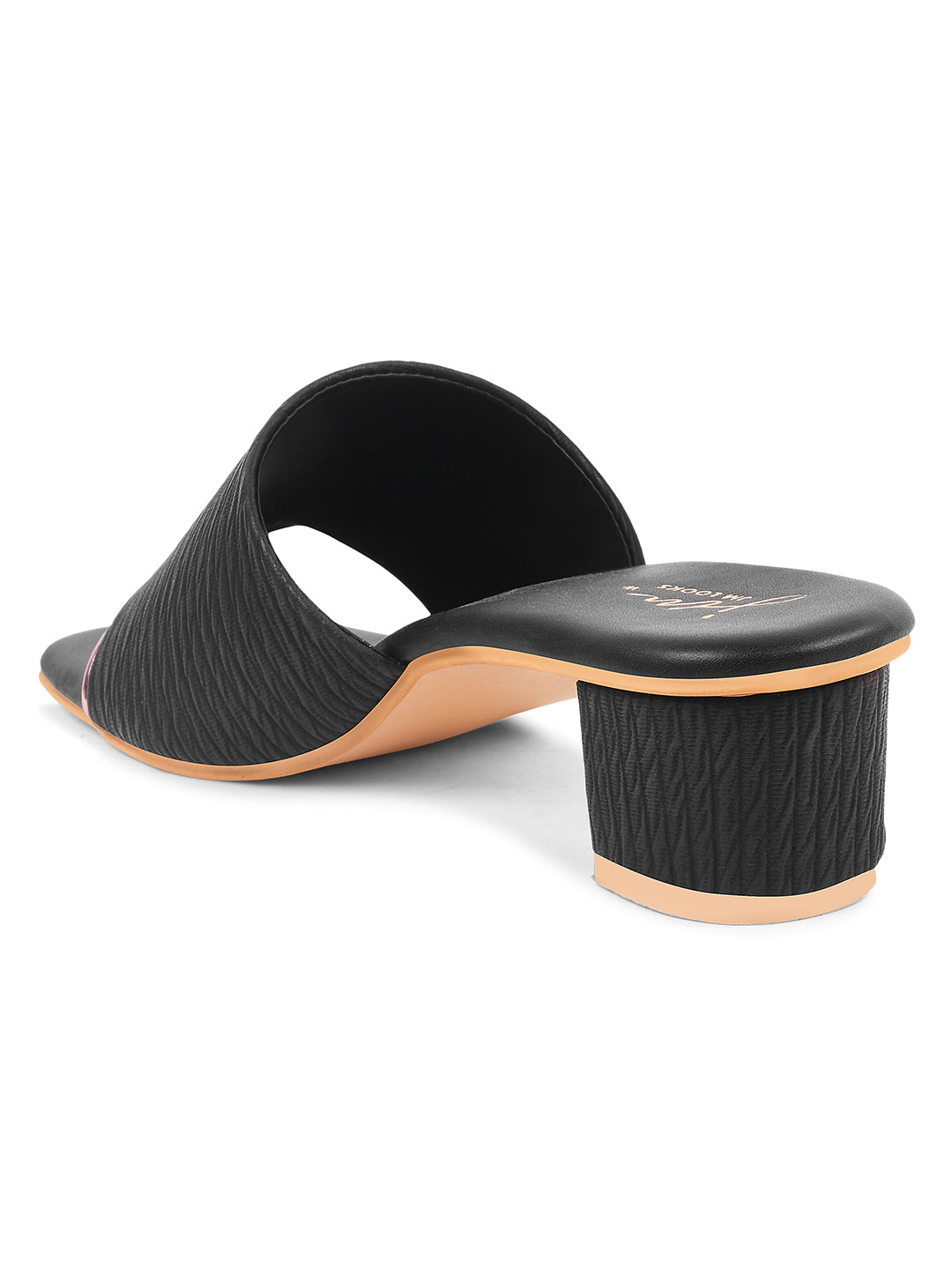 women's block heel slides with a textured wide strap and a subtle accent trim
 Black