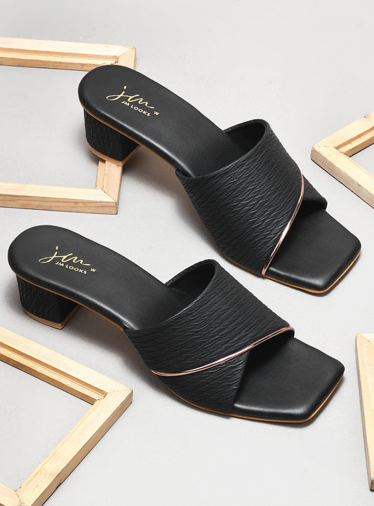 women's block heel slides with a textured wide strap and a subtle accent trim
 Black