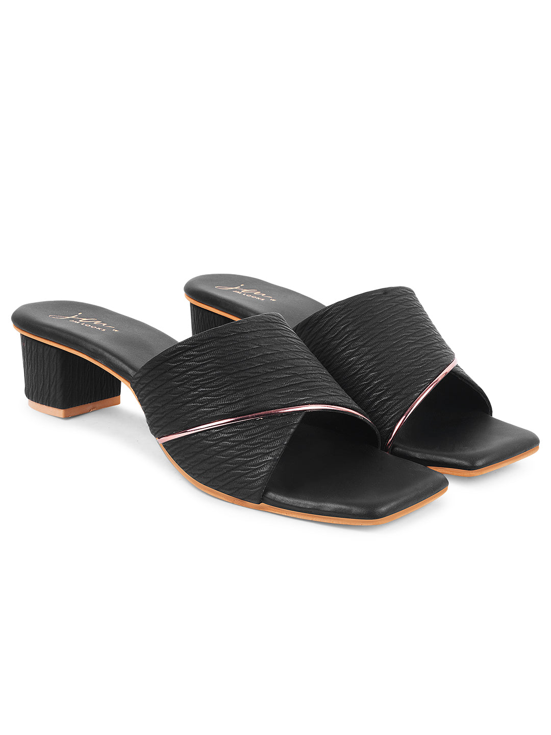women's block heel slides with a textured wide strap and a subtle accent trim
 Black