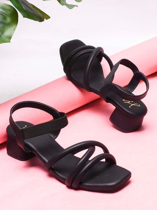 block heel sandals featuring padded, intertwined straps and an adjustable ankle strap
 Black