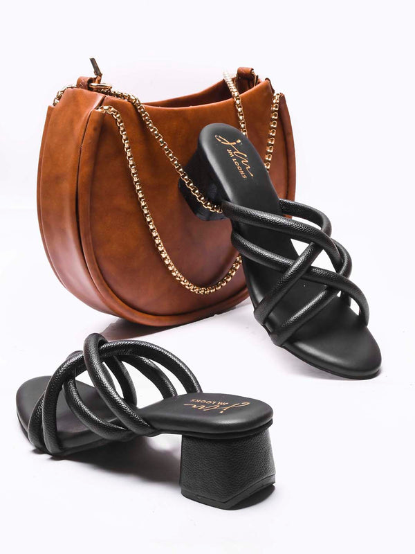Black Rounded toe block heel slides with multiple straps for women