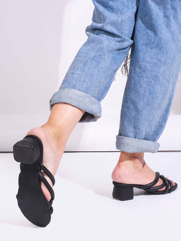 Black Rounded toe block heel slides with multiple straps for women