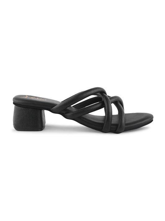 Black Rounded toe block heel slides with multiple straps for women