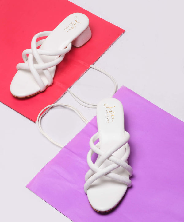 White Rounded toe block heel slides with multiple straps for women