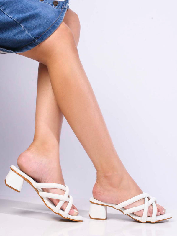 White Rounded toe block heel slides with multiple straps for women