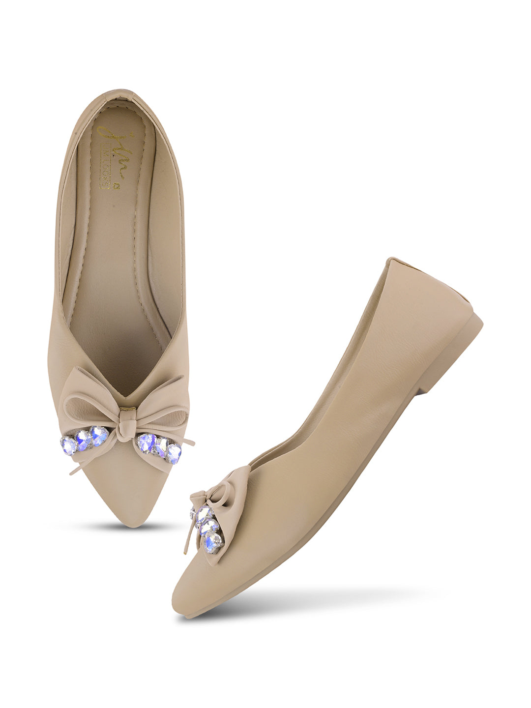 JM LOOKS Pointed Toe Bow Flat Sandals with Crystal Embellishments