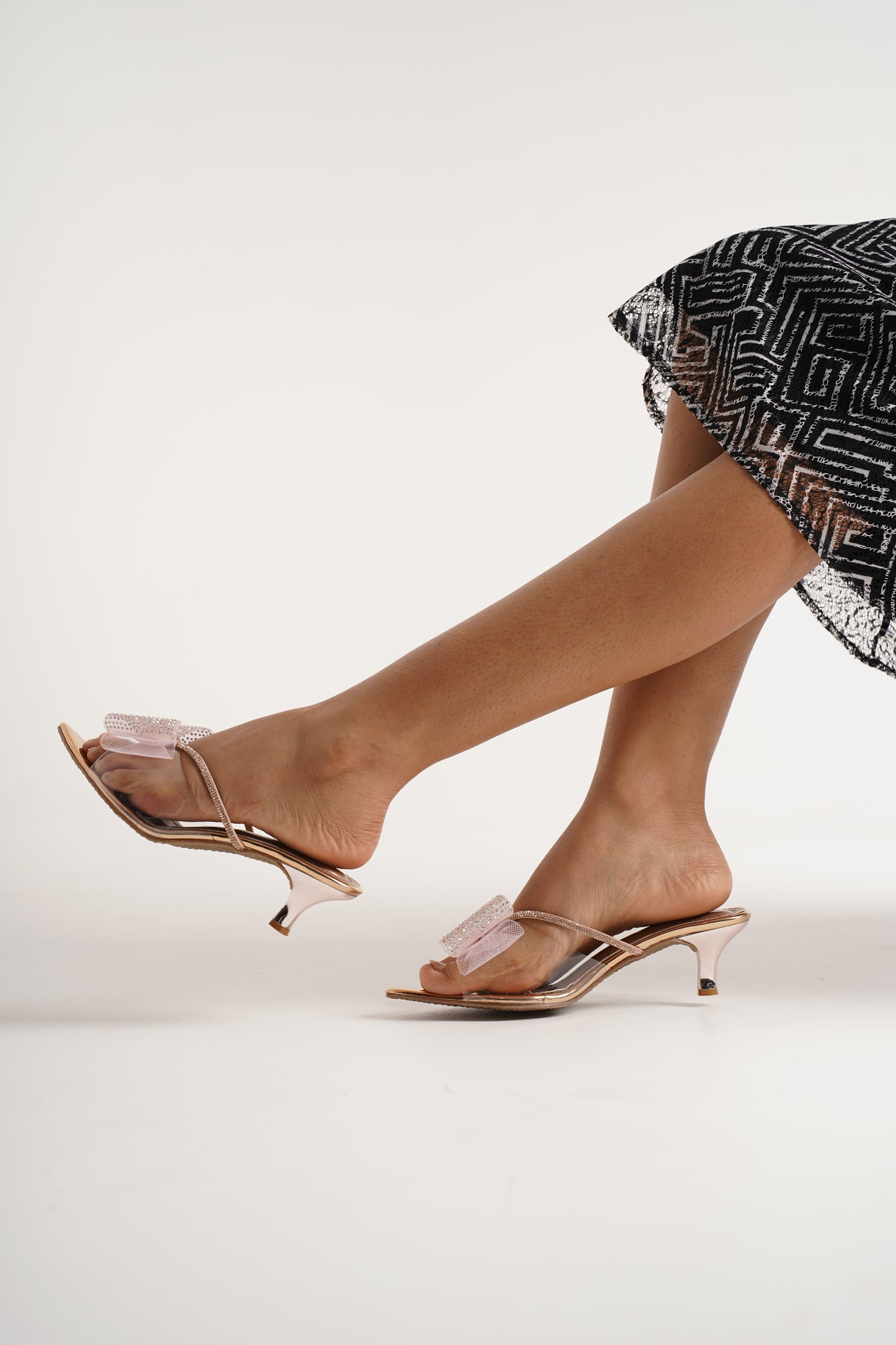 Jm Looks dazzling bow kitten heel mules with a patterned dress
 Golden