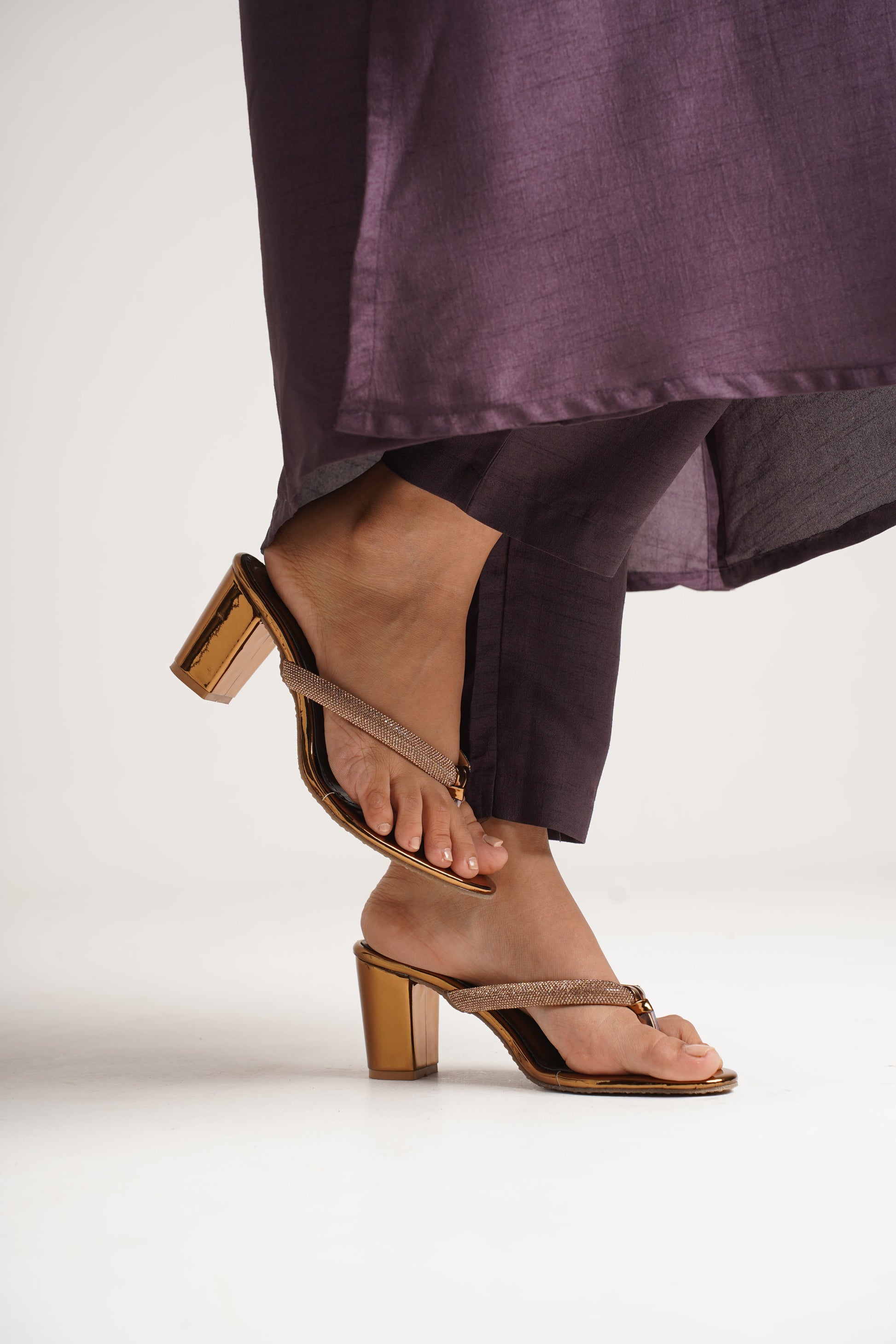 Jm Looks embellished thong block heel sandals with traditional attire
 Brown