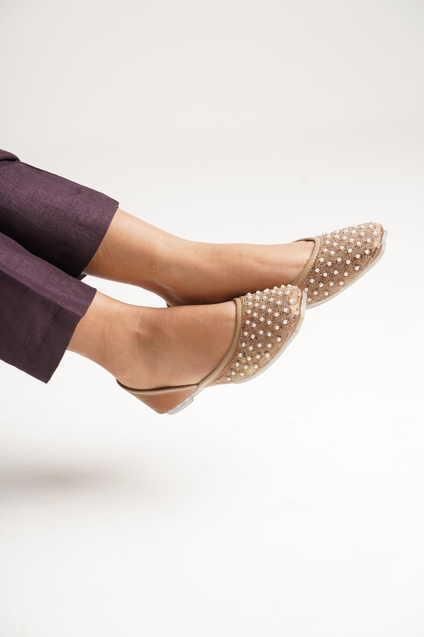 JM Looks jutti flats featuring a pearl-embellished toe and a contrasting textured upper
 Brown