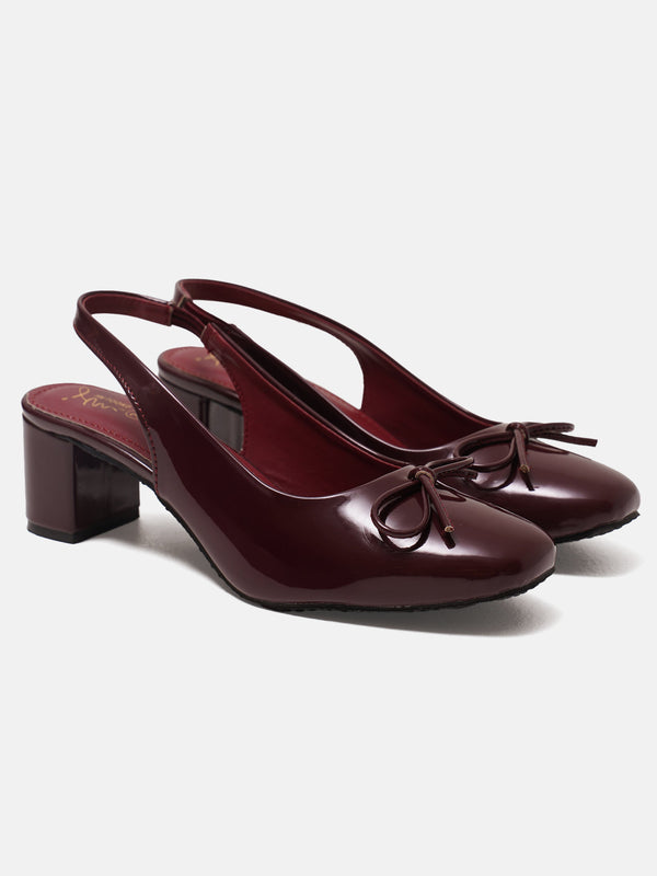 Block heels for women in cherry patent square toe slingback pumps with elegant bow detail