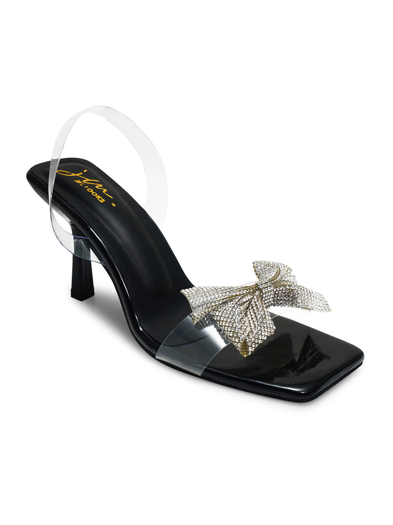 Stellar Sparkle Transparent Bow Heels for Women and Girls Black