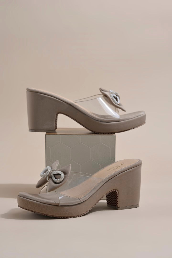 Bow Embellished Transparent Heels Light grey