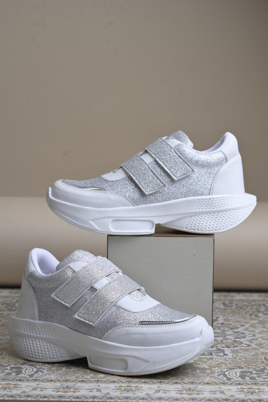 Jm Looks chunky sole sneakers with a glitter upper and three velcro straps
 White