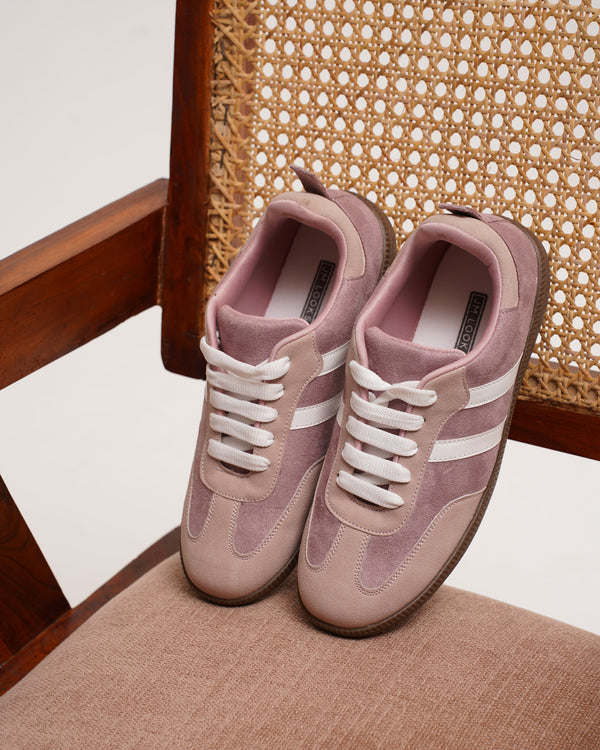 JM Looks Peach suede lace-up sneakers with side stripes and gum sole for women