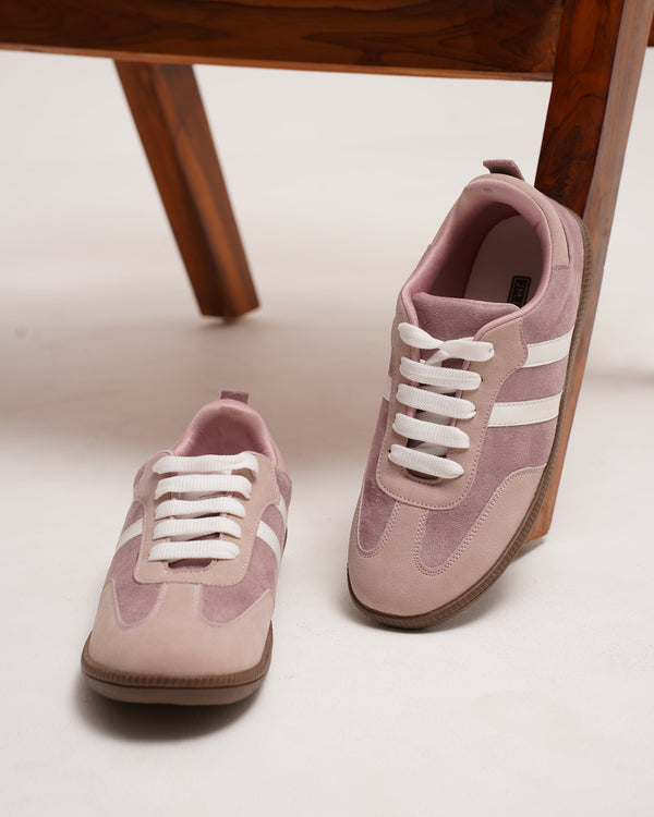 JM Looks Peach suede lace-up sneakers with side stripes and gum sole for women
