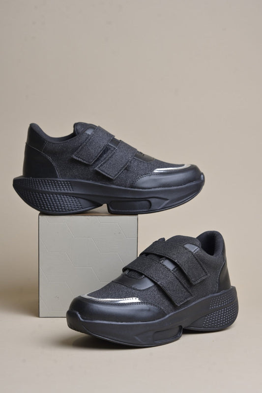 Jm Looks chunky sole sneakers with a glitter upper and three velcro straps
 Black