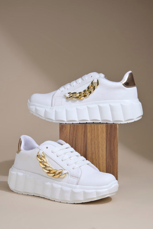 platform lace-up sneakers with a chunky sole and a decorative chain embellishment
 White