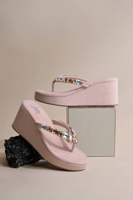 gemstone T-strap Slip-On Solid Wedge Heel Sandals for women Pink