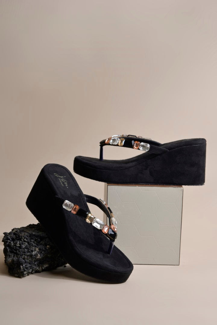 Platform sandals with gemstone strap detailing by Jm Looks for women and girls Black